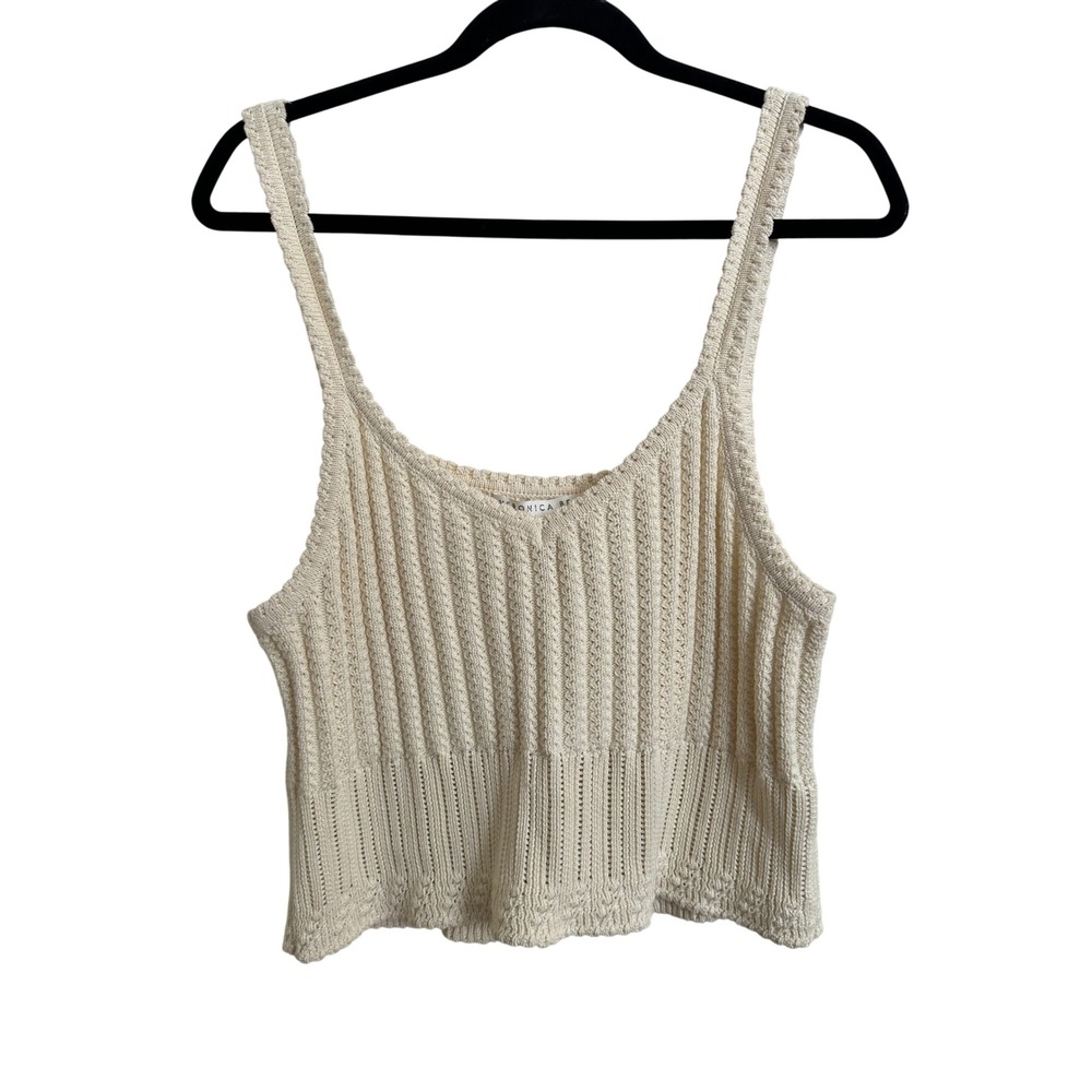 Veronica Beard Cream Ivory Cotton Pointelle Ribbed Knit Tank Top Large‎